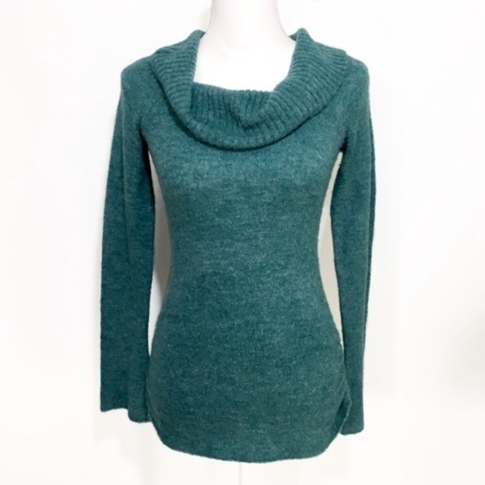 Teal Blue Soft Ruched Cowl Neck Long Sleeve Top
